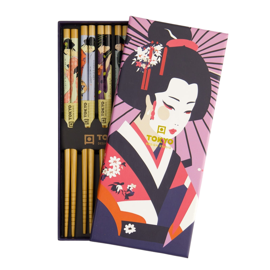 Set of chopsticks with a decorative case featuring a geisha design on a white background