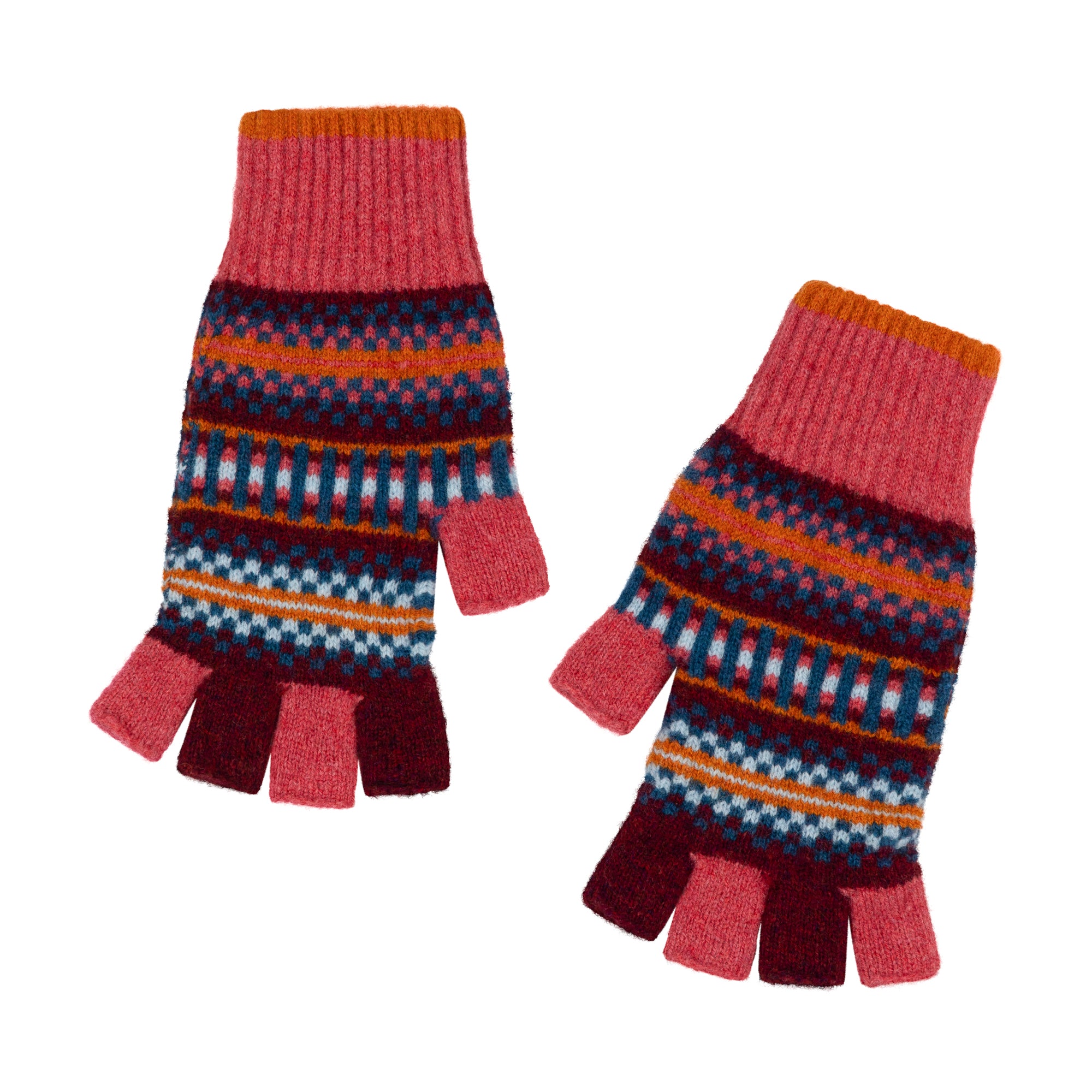 Pair of colorful fingerless gloves with a pattern on a white background