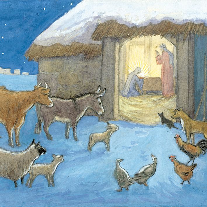 Illustration of a nativity scene with animals in a snowy landscape