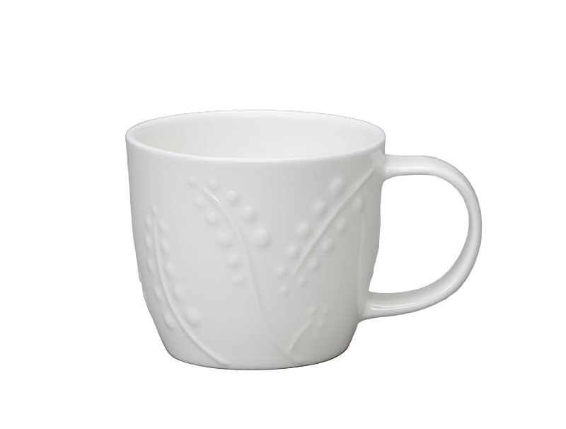 White ceramic mug with textured design on a gray background