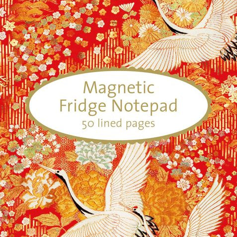 Magnetic fridge notepad with cranes design on a red background