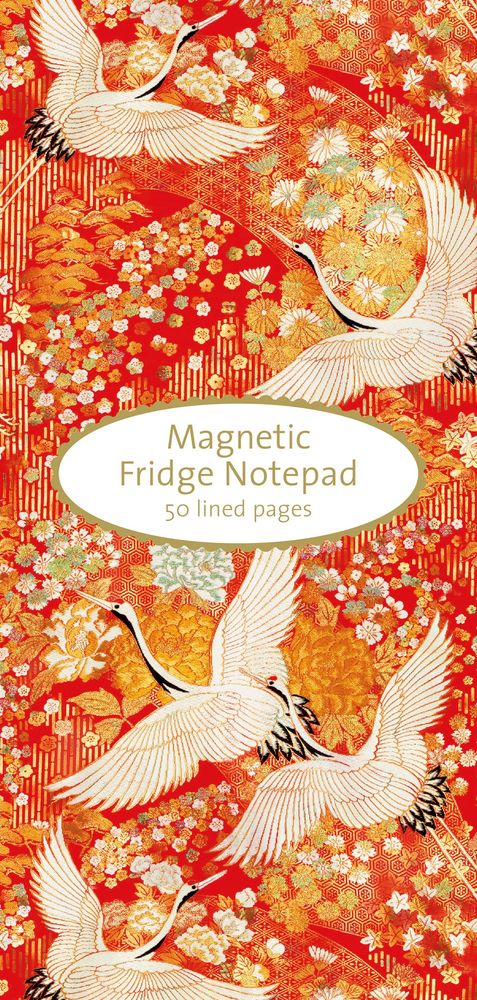 Magnetic fridge notepad with cranes design on a red background