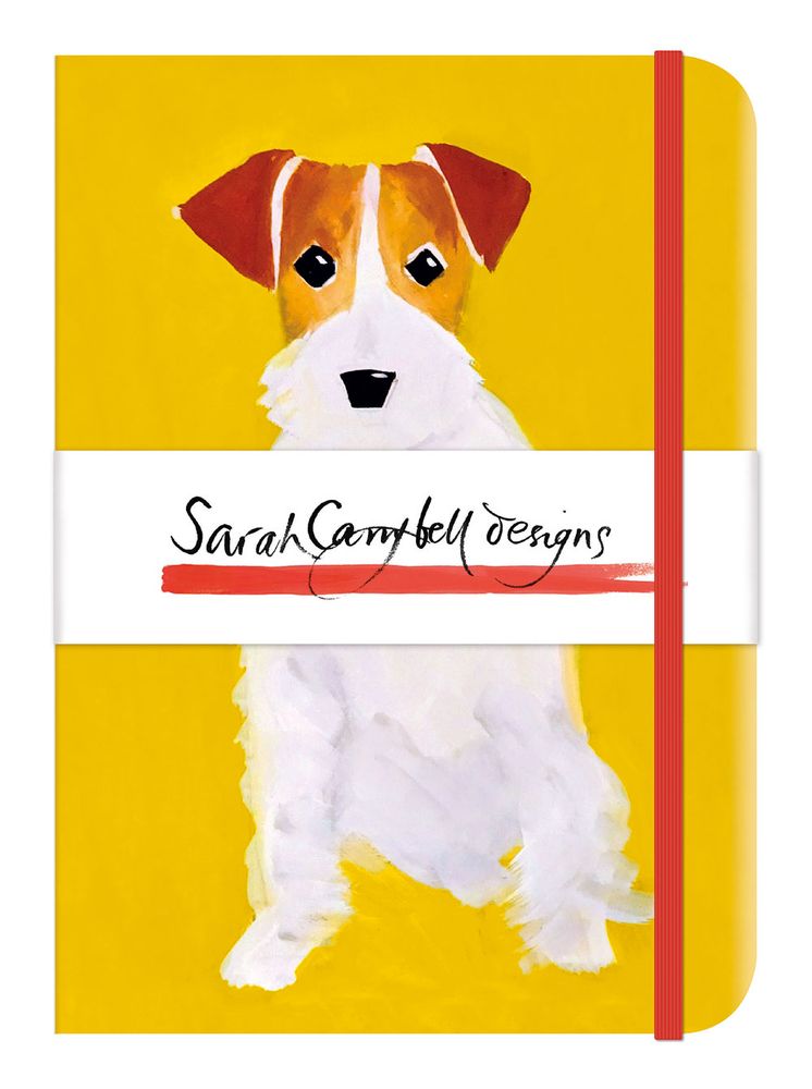 Notebook with a dog illustration on a yellow background, featuring the brand 'Sarah Campbell designs'.