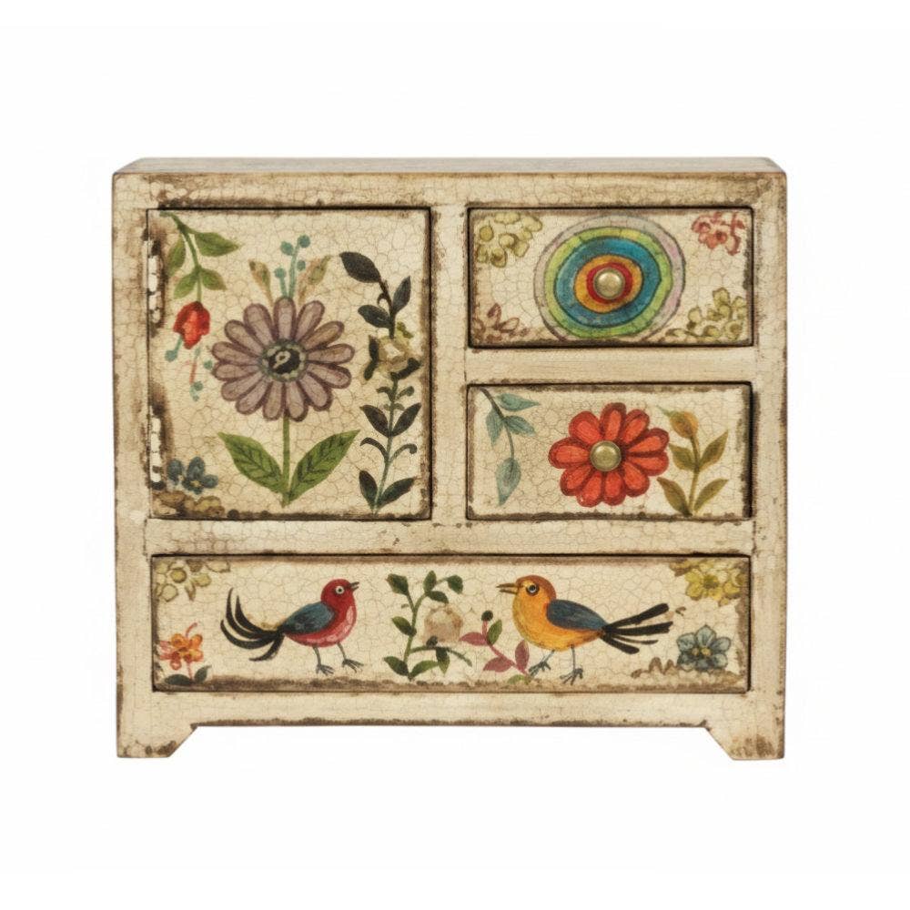 Small wooden chest with floral and bird designs on a white background