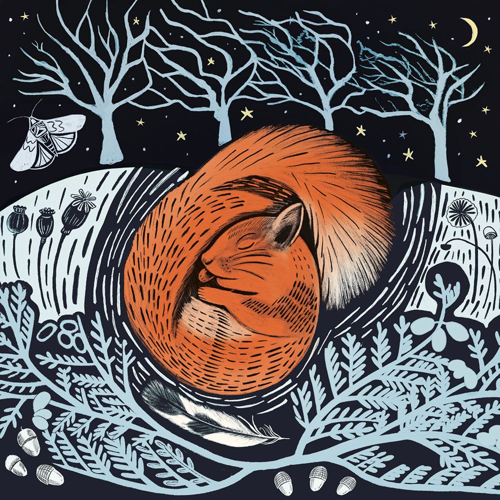 Illustration of a fox curled up in a nest with a night sky and trees in the background.
