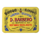 Vintage-style yellow chocolate tin with decorative label featuring 'D. Barbero' branding.