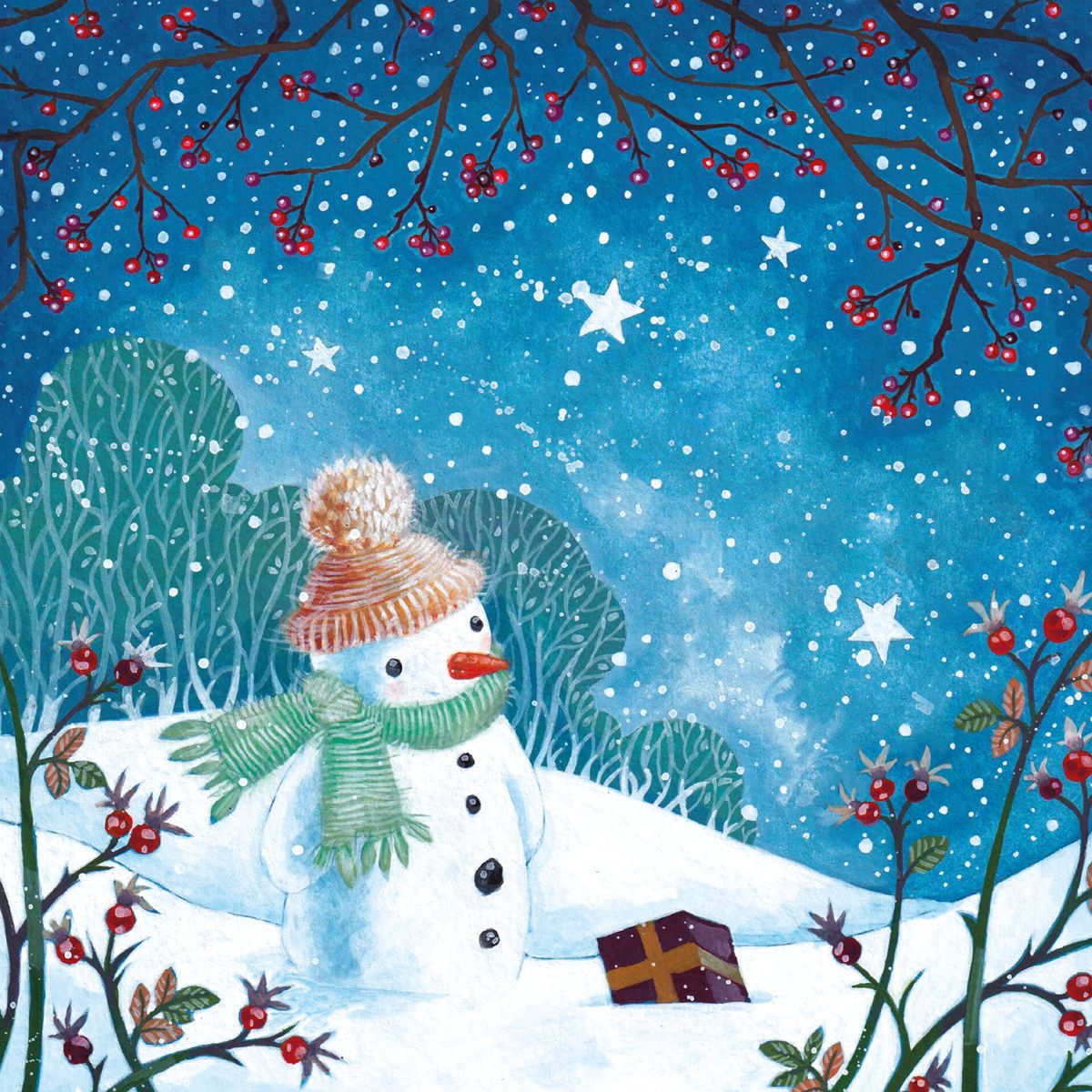 snowman scene on christmas card