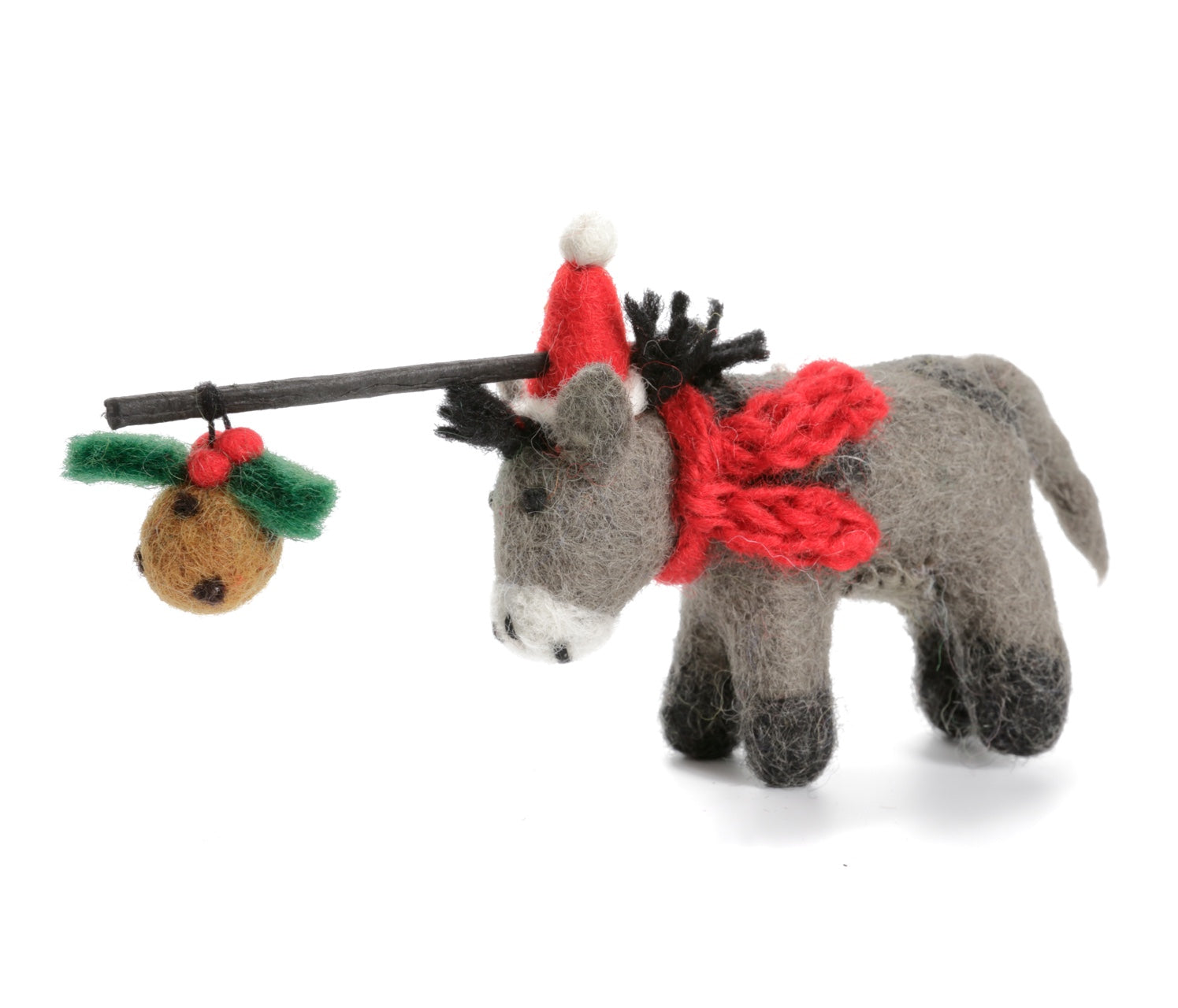 Felted donkey toy with a red scarf and branch on a white background