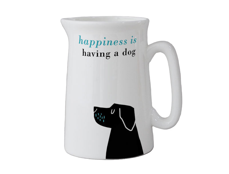 White mug with black dog illustration and 'happiness is having a dog' text on a gray background