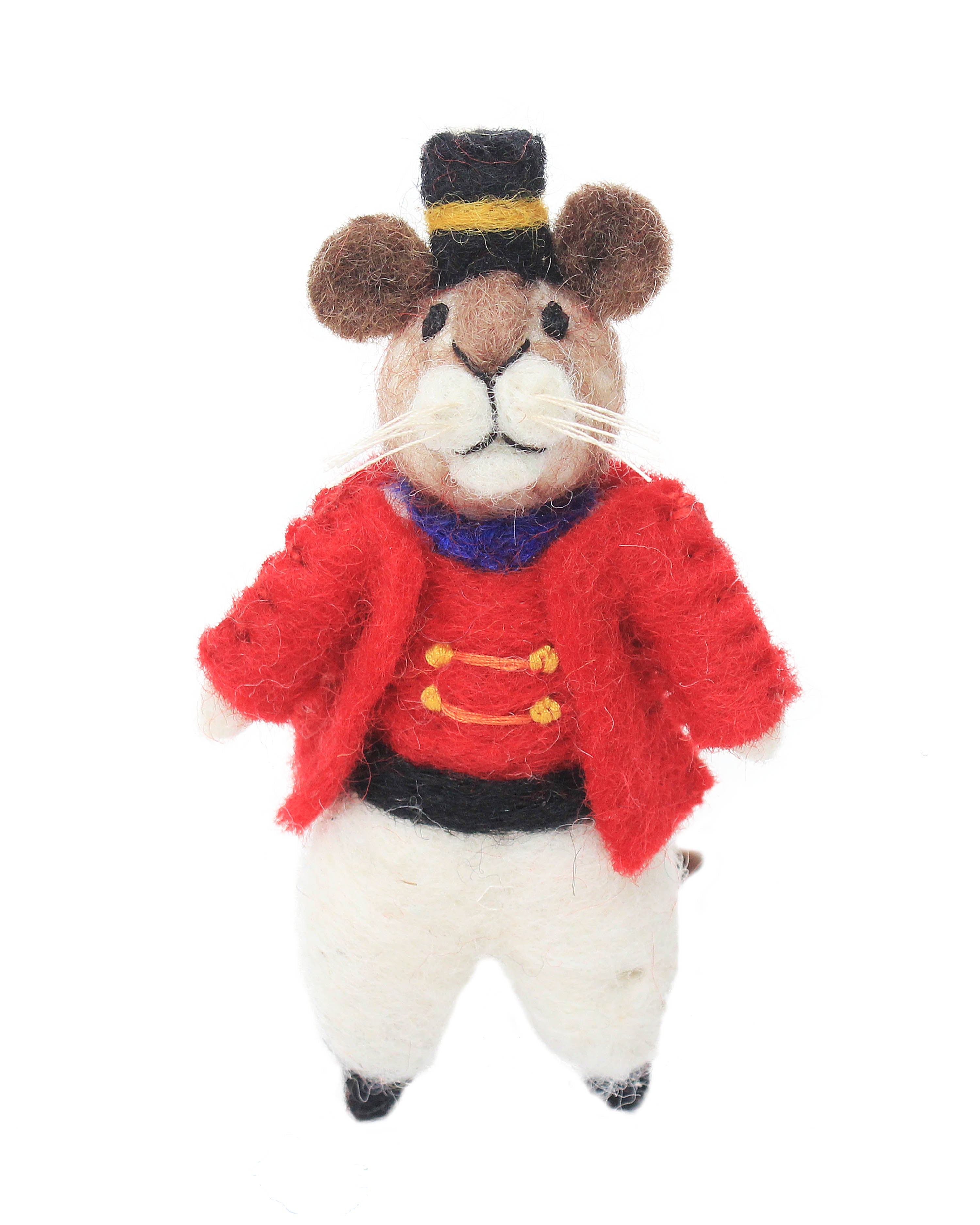 Stuffed toy mouse in a red coat and top hat on a white background