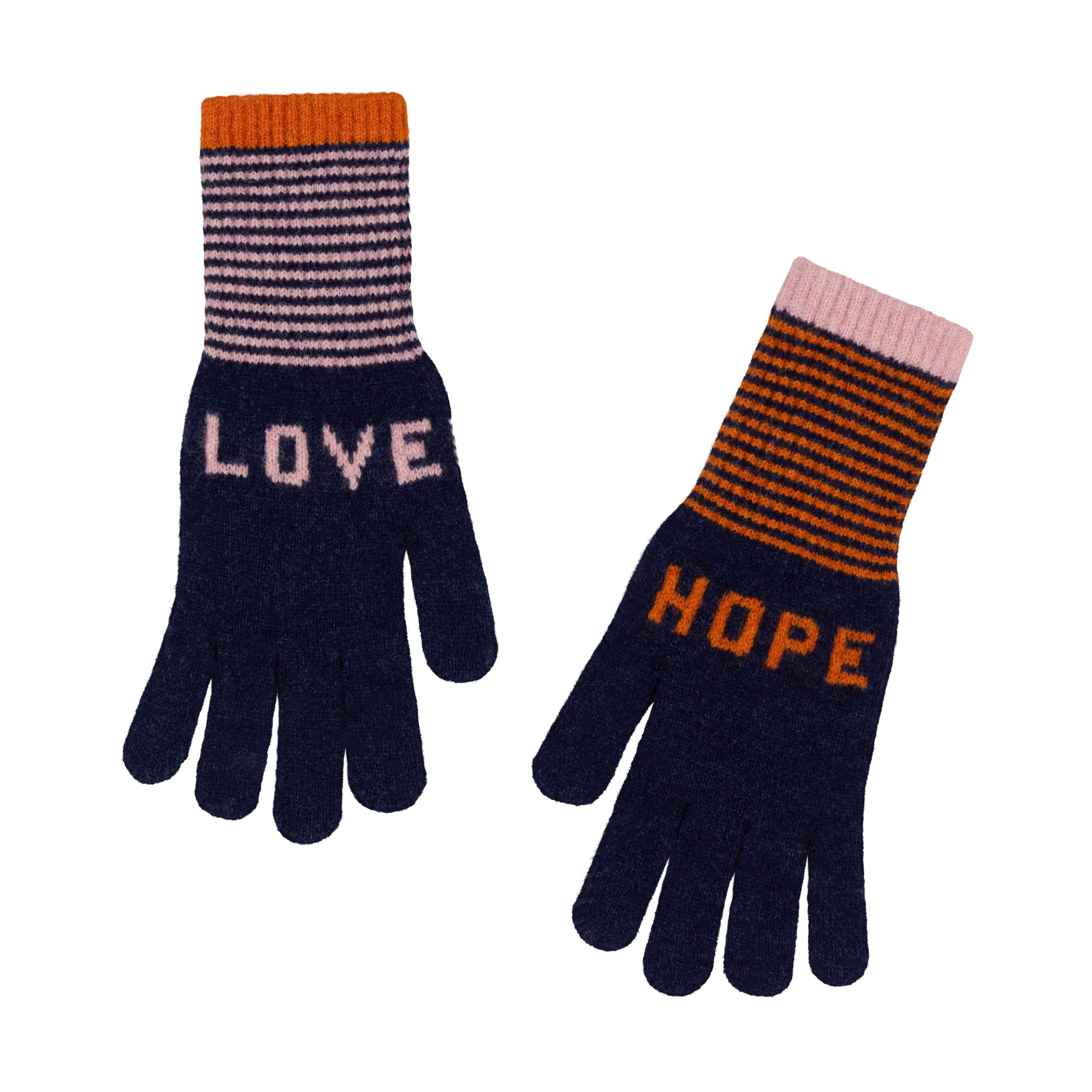 Pair of gloves with 'LOVE' and 'HOPE' text on a white background