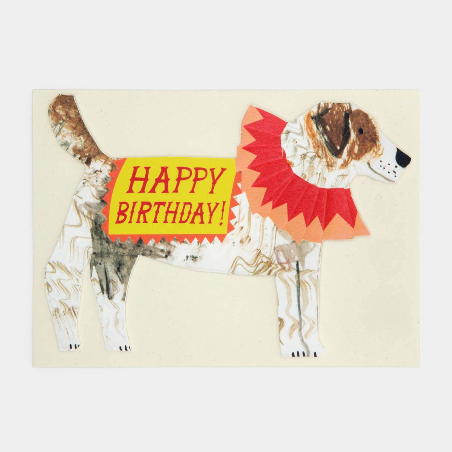 Birthday card with a dog design and 'Happy Birthday!' text on a beige background
