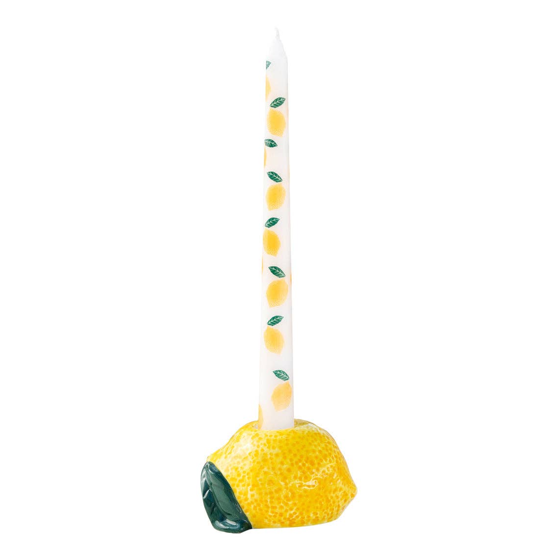 Decorative candle with lemon design on a white background