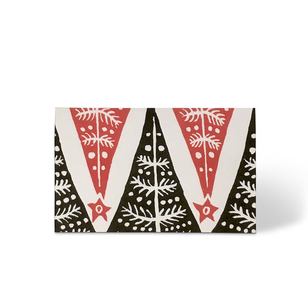 Card with a festive design featuring red, white, and black patterns on a white background