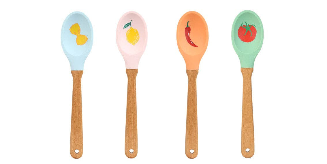 Four colorful spoons with wooden handles on a white background