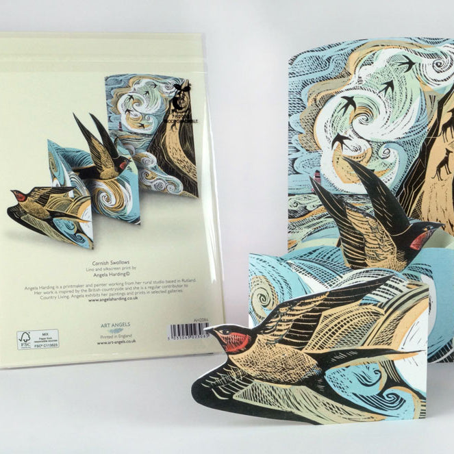 Cornish Swallows trifold greetings card designed by Angela Harding.