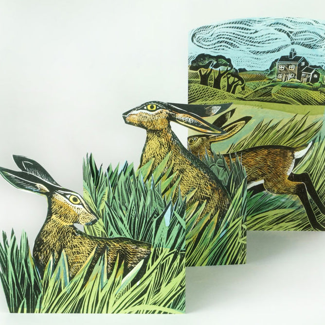 Hares and Open Fields trifold greetings card designed by Angela Harding. 