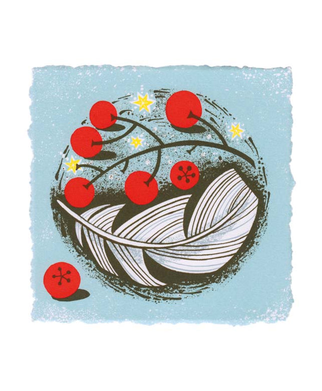 Illustration of a feather with red berries on a blue background