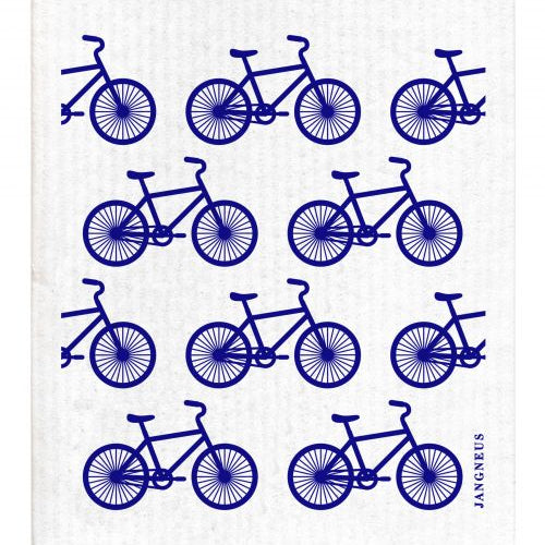 White cloth with blue bicycle pattern and 'Jangneus' branding