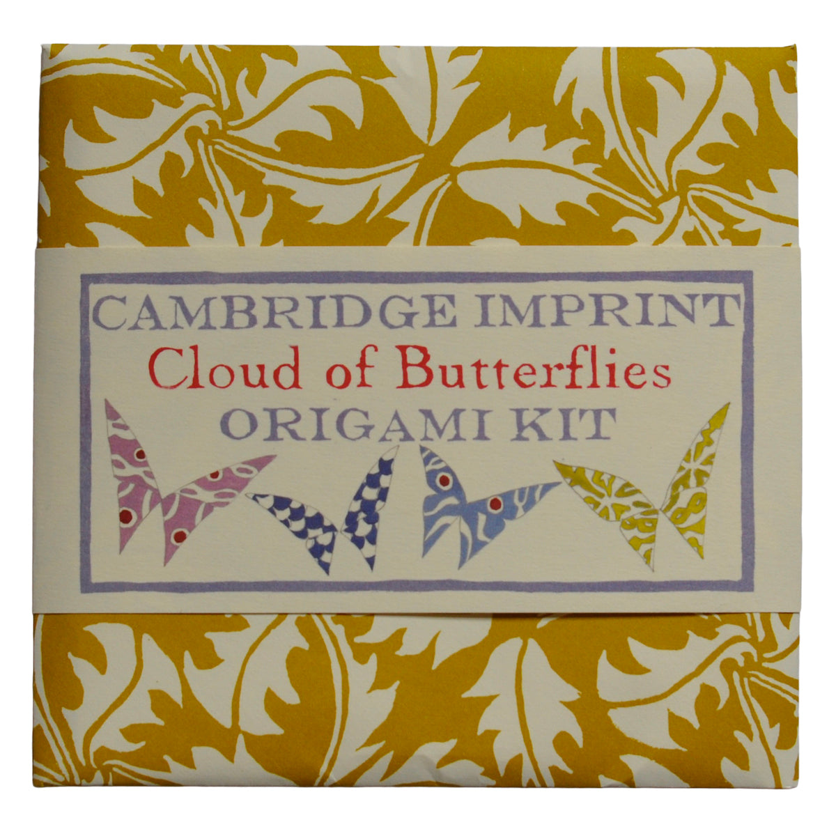 Cambridge Imprint origami kit packaging with butterfly designs on a yellow floral background