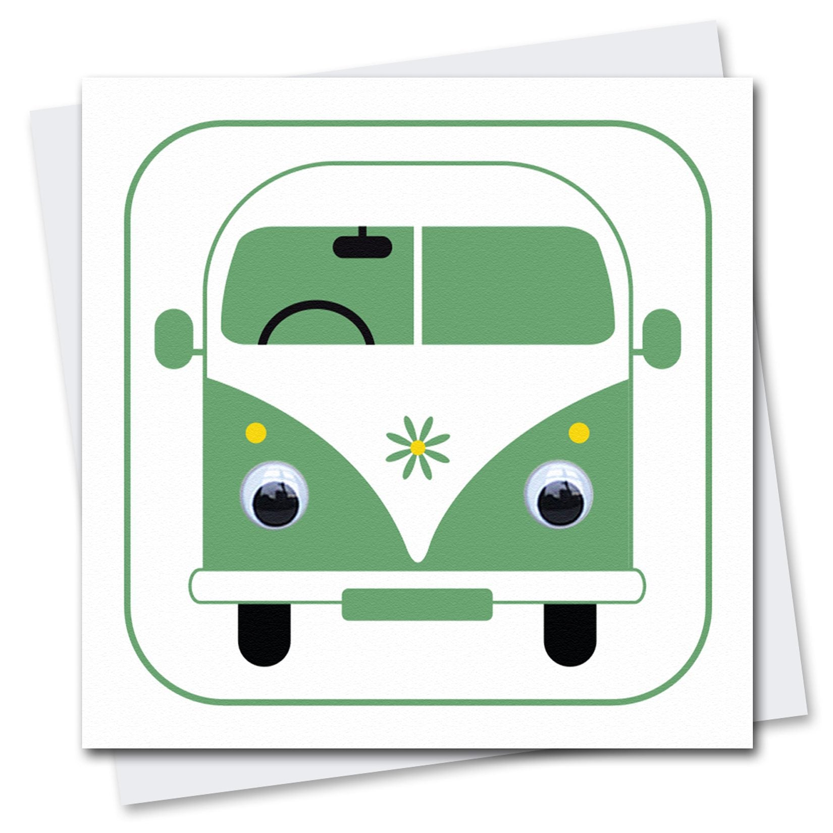Illustrated greeting card featuring a green and white campervan with googly eyes on a white background with matching green border.