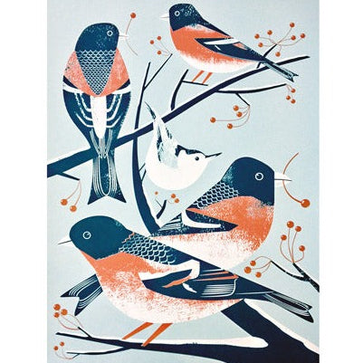 Greetings card featuring Bramblings and a Nuthatch by Chris Andrews, published by Art Angels