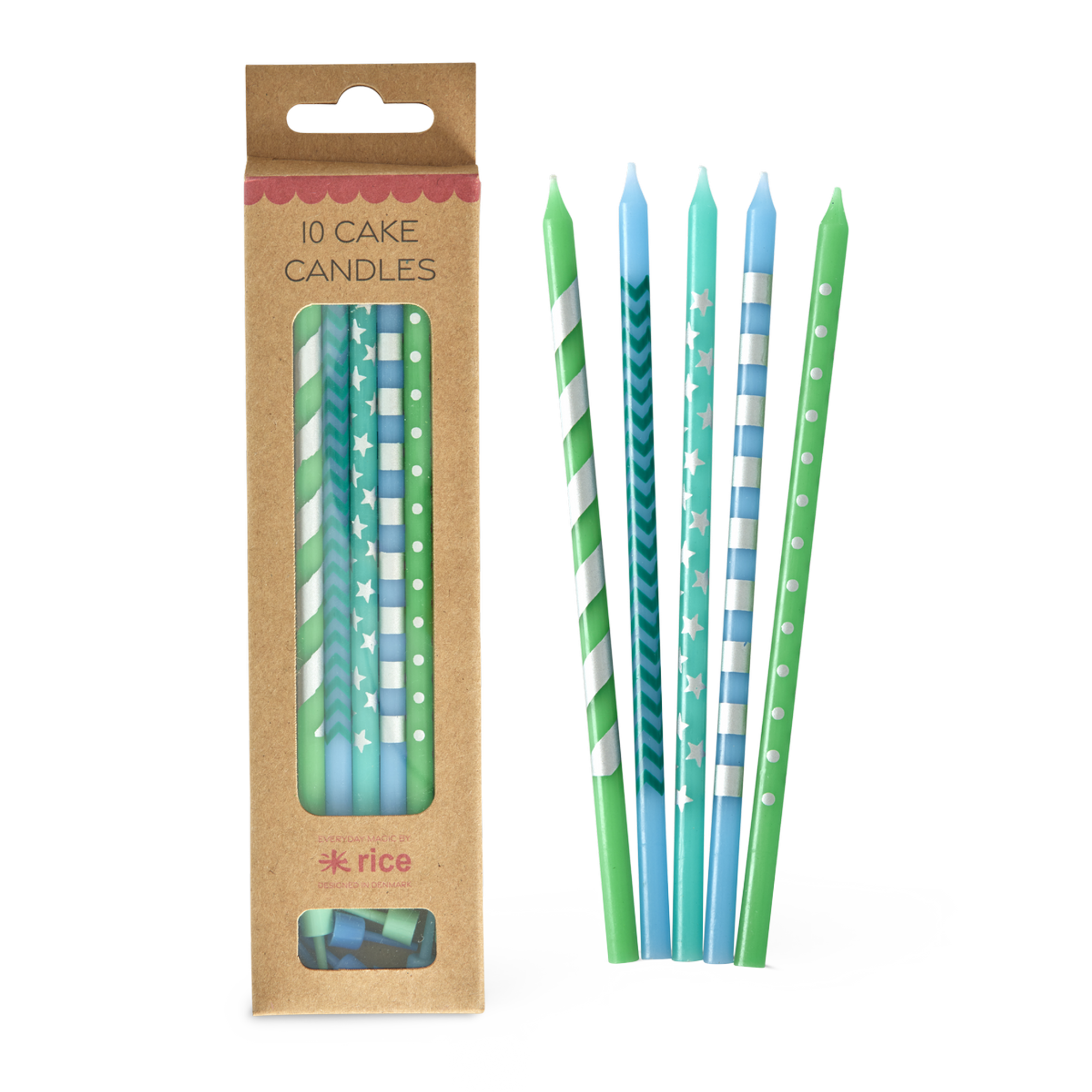 Pack of cake candles with green and blue patterns next to their packaging