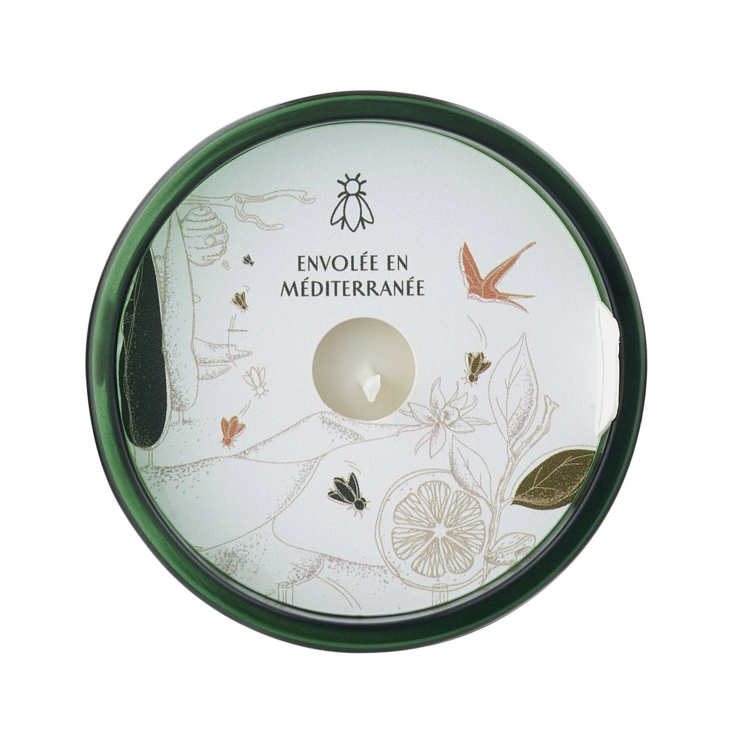 Round glass candle with protective lid featuring illustrations and text on a white background