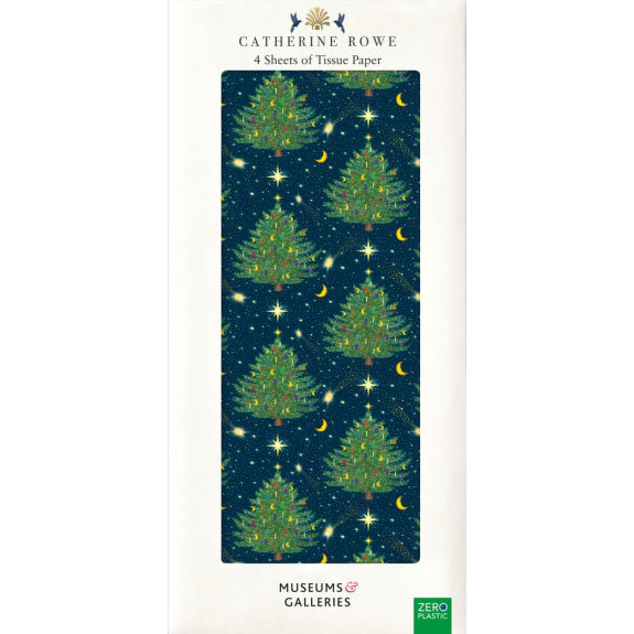 A pack of tissue paper wrap featuring a design with dark blue background, decorated with stars and moons, surrounding classic Christmas trees.