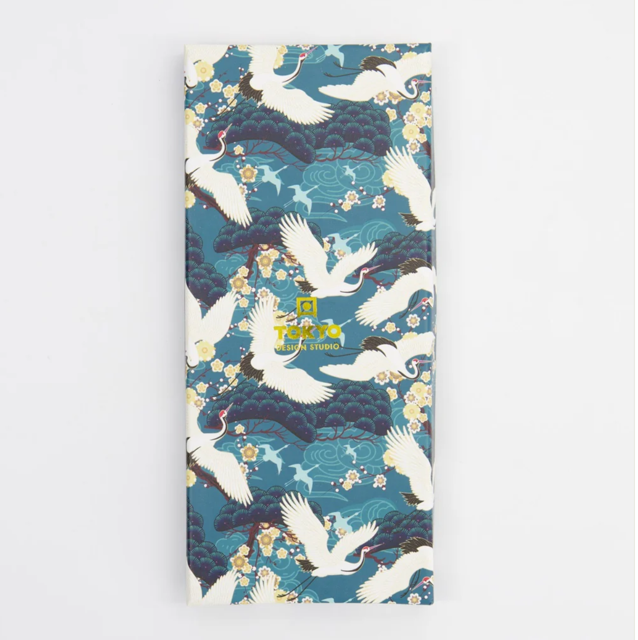 Box for chopsticks showing the full print of a traditional Japanese crane design
