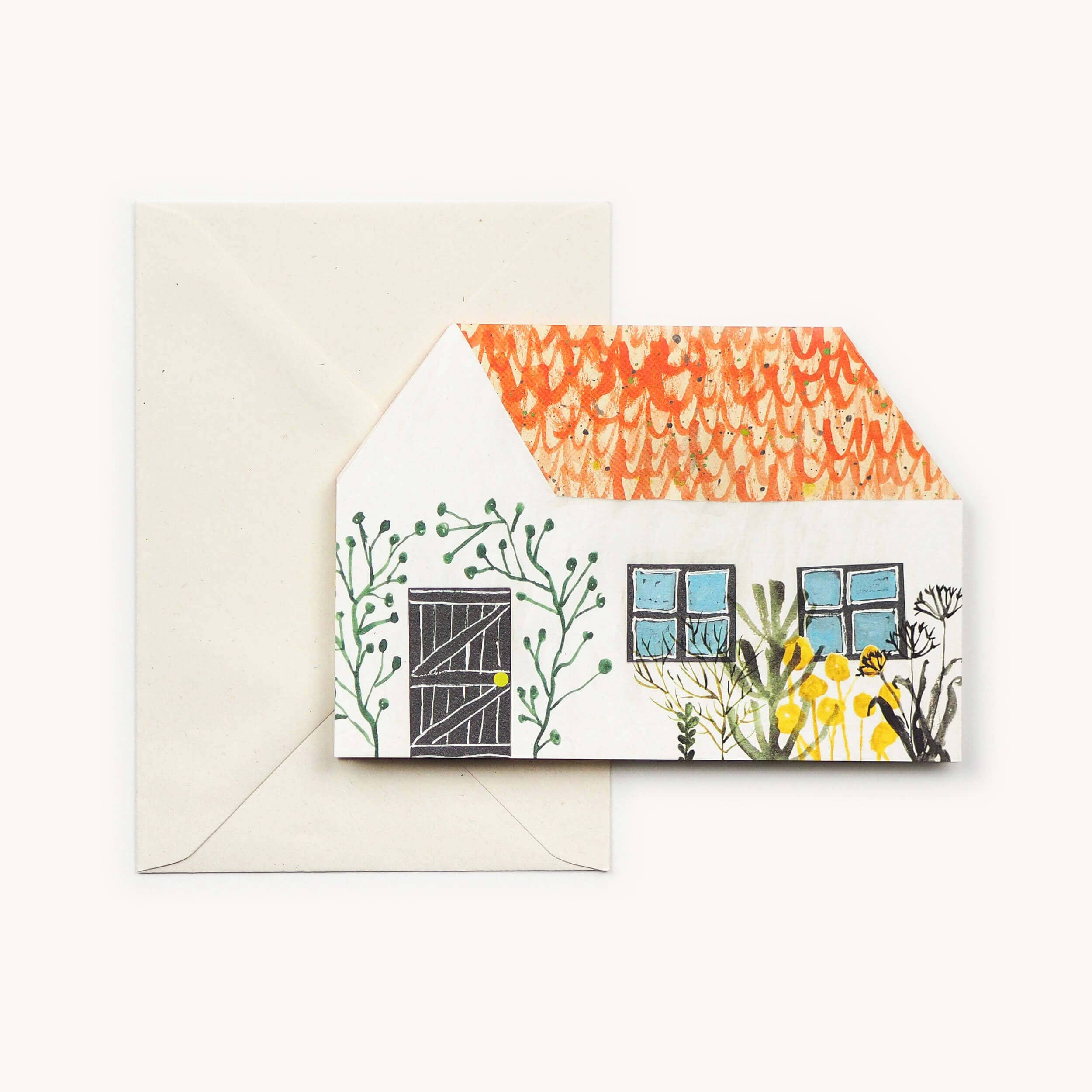 Greeting card with nature-themed design featuring a house and plants, on a white background.
