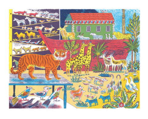 Colorful illustration of a Noah's Ark with various animals on a white background