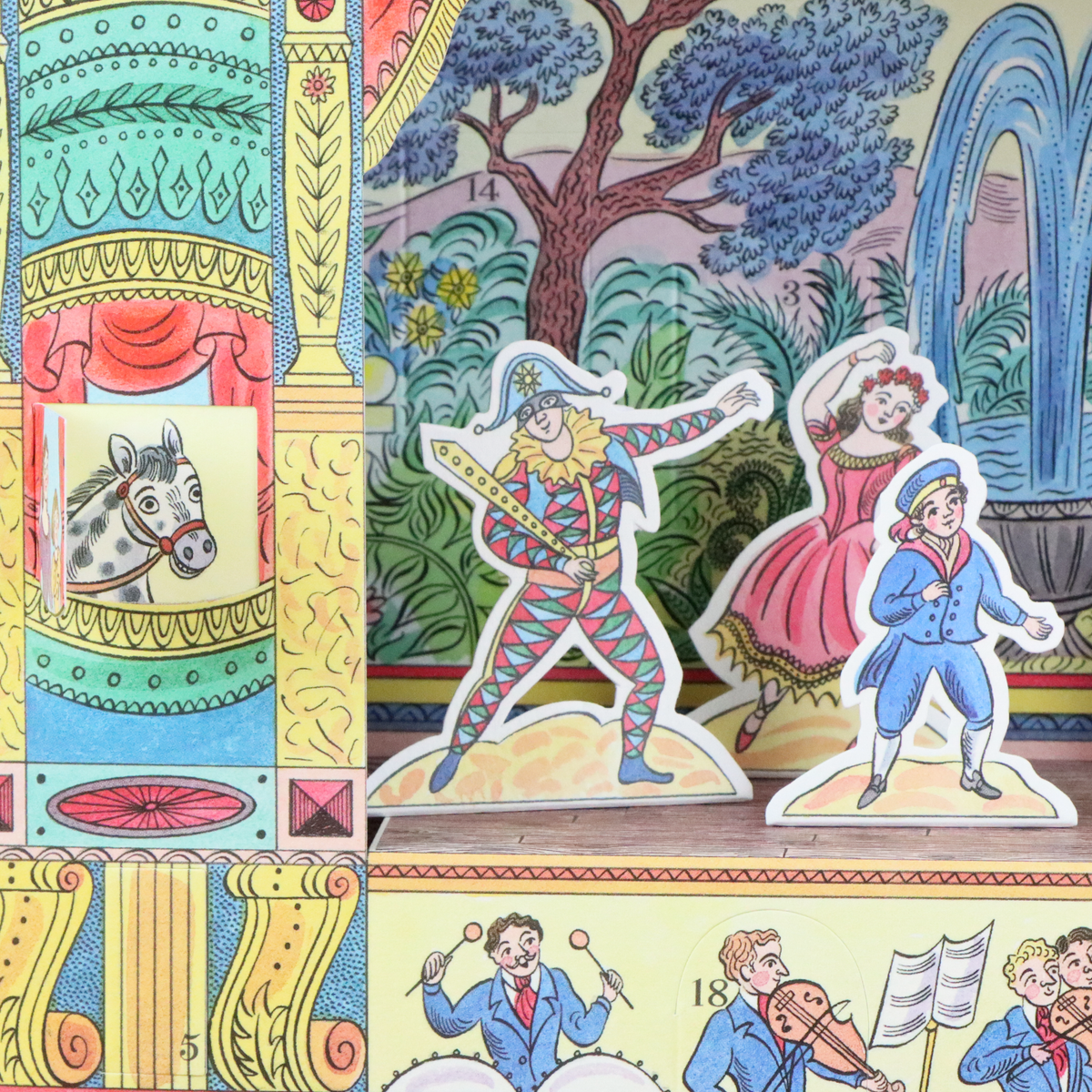 A vintage children's card featuring colorful illustrated scenes and cutout figures. The board includes cutout characters in ornate costumes, a horse panel, decorative columns, and illustrated musicians along the bottom.