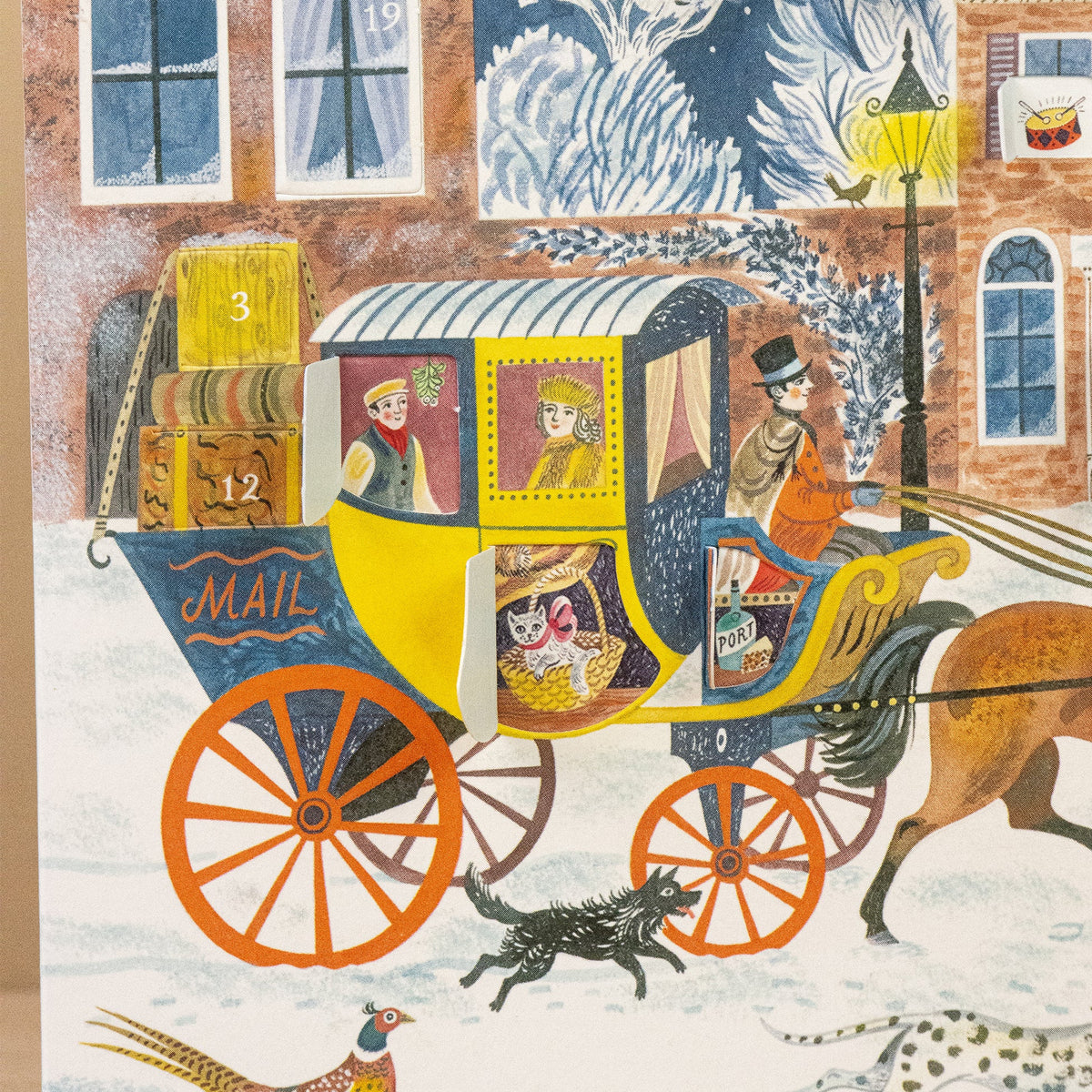 Illustration of a vintage mail coach with people and animals in a snowy scene.