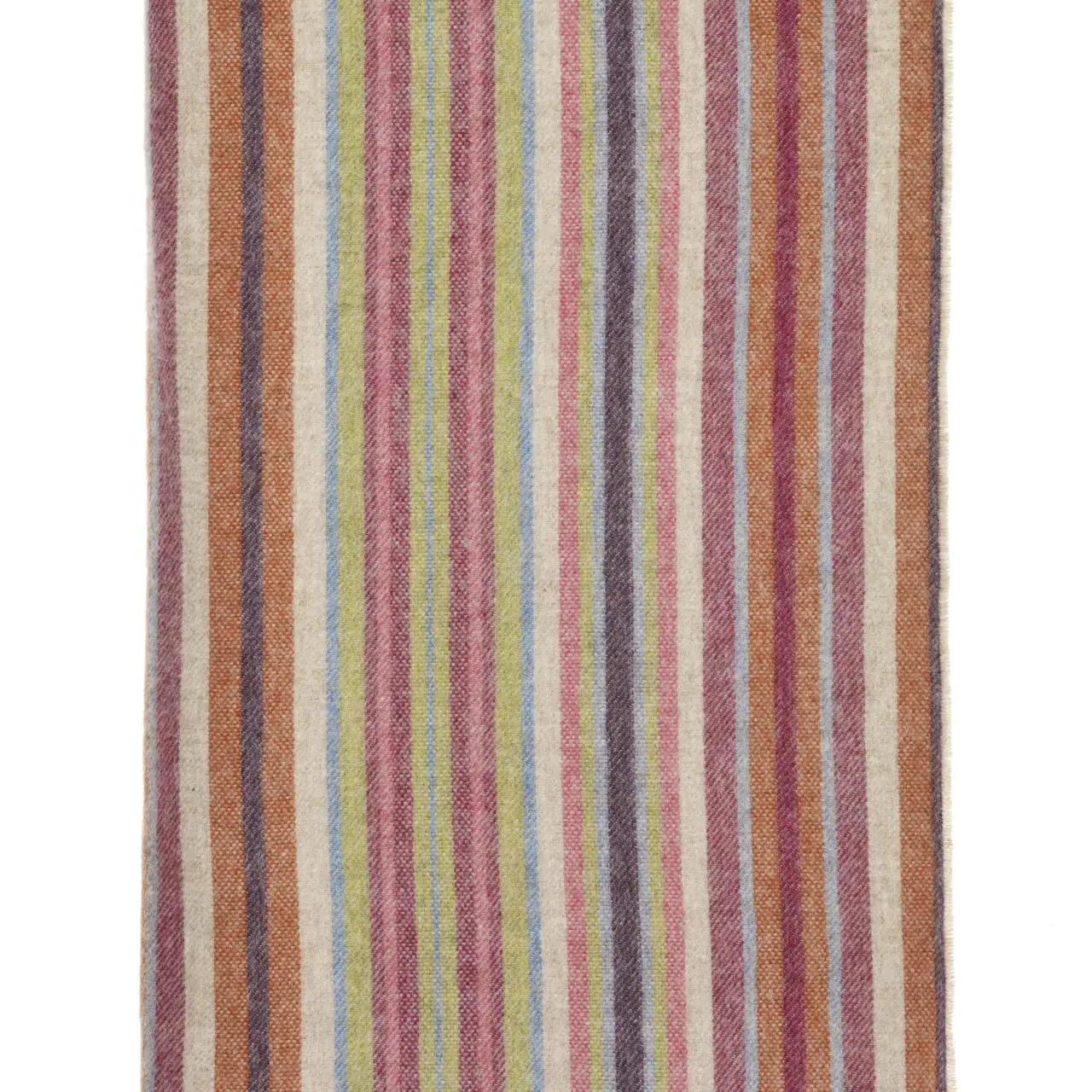 Multicoloured striped throw with fringes on a white background