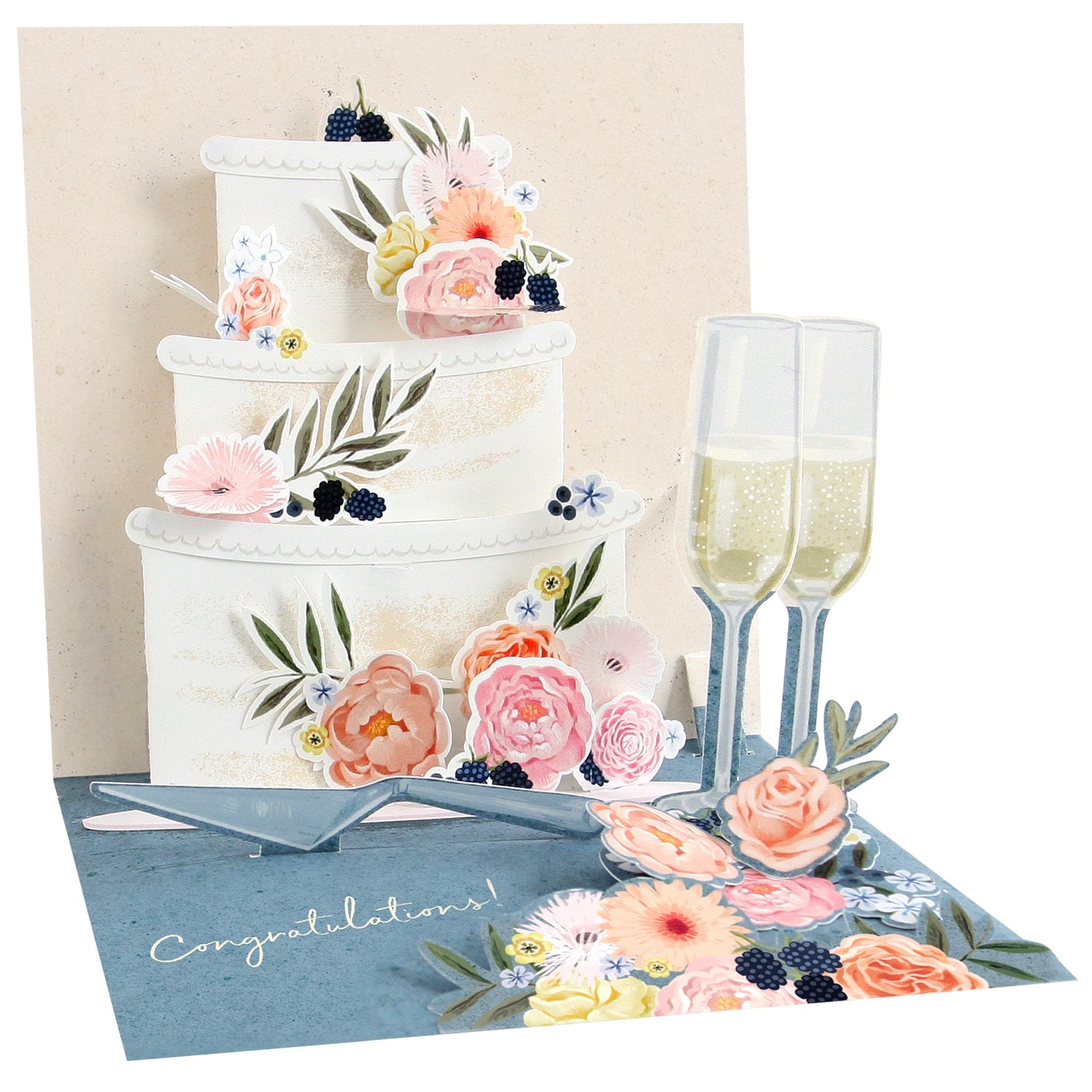Greeting card with a floral cake and champagne glasses design on a beige background