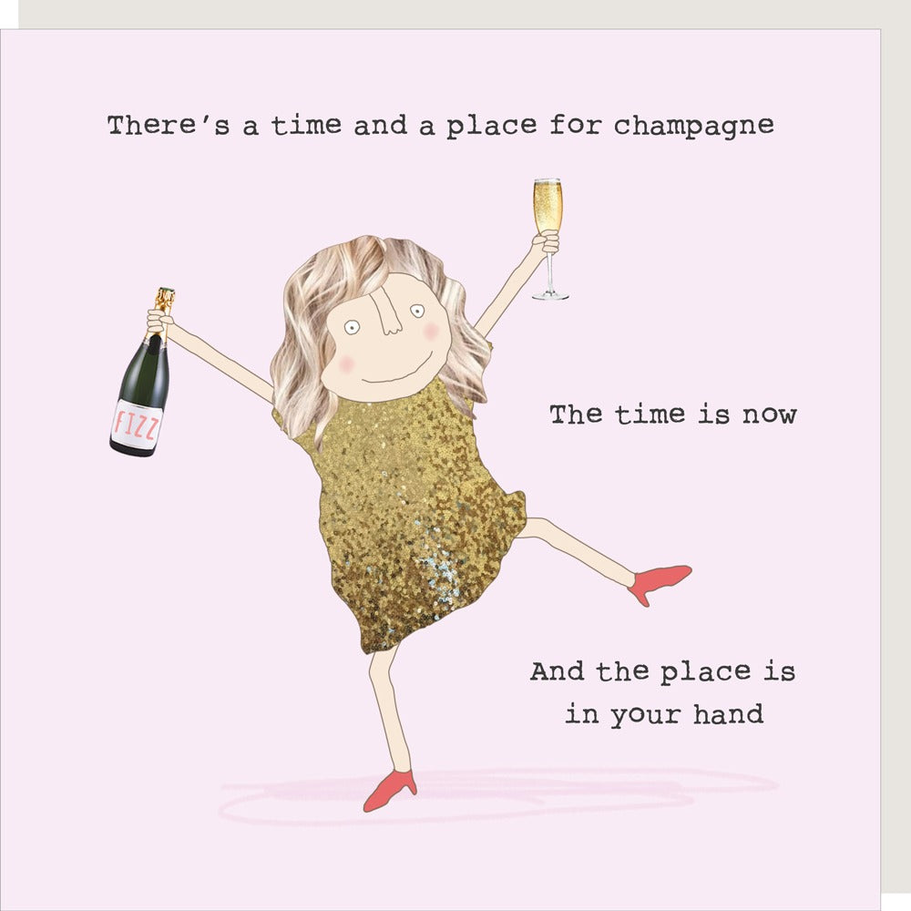 Illustration of a woman in a gold dress holding champagne with text on a light pink background