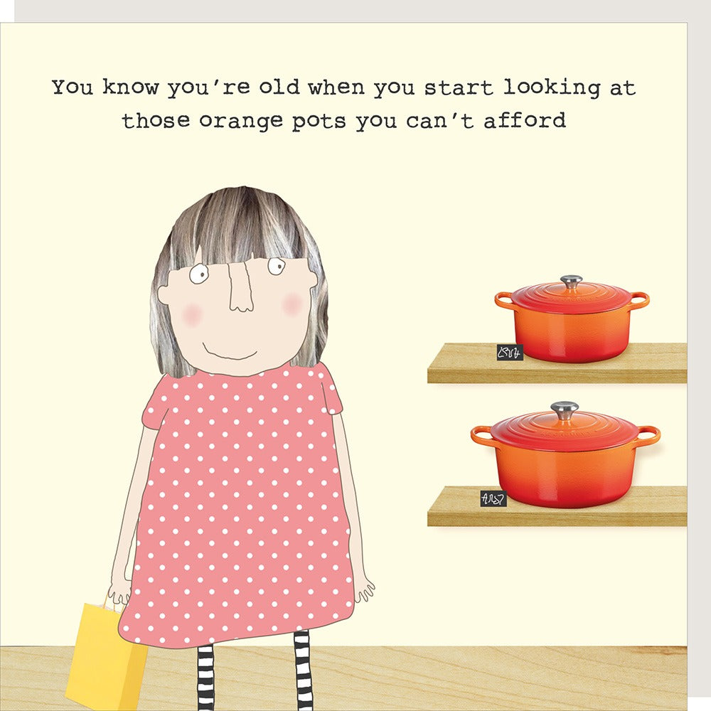 Illustration of a girl in a pink dress looking at orange pots on a shelf.