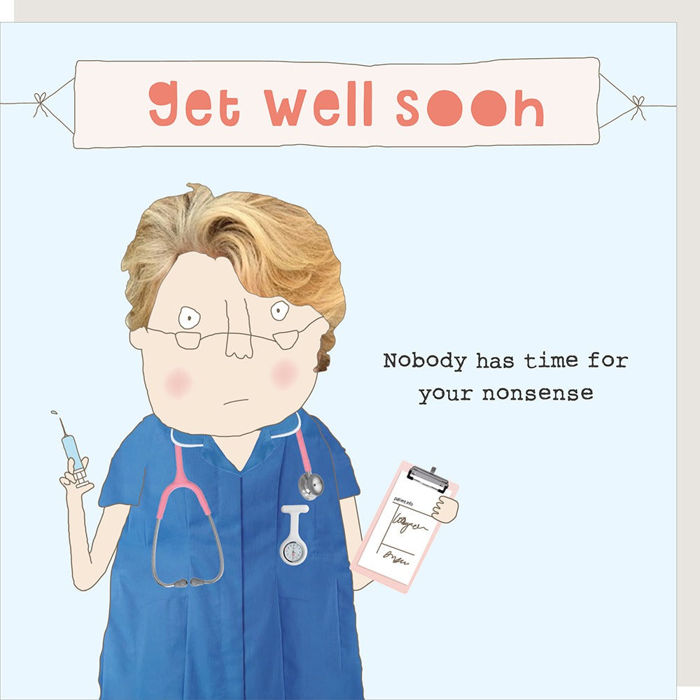 Cartoon doctor with a syringe and clipboard on a 'get well soon' card.
