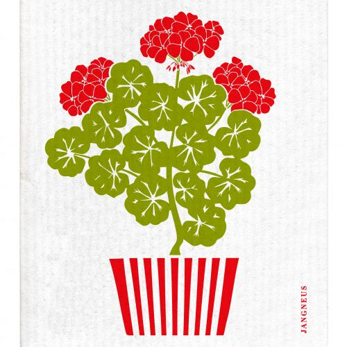 White dishcloth featuring a red and green geranium design and Jangneus branding