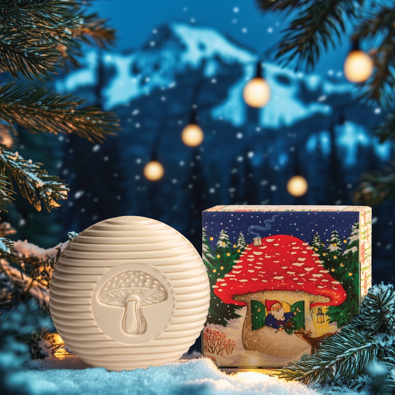 Decorative mushroom-shaped lanterns with a snowy mountain and tree background