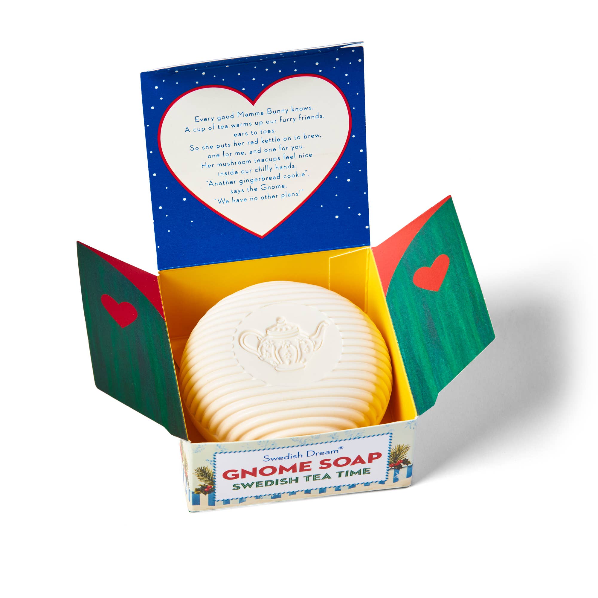 Soap in a colorful box with a heart-shaped message on a white background