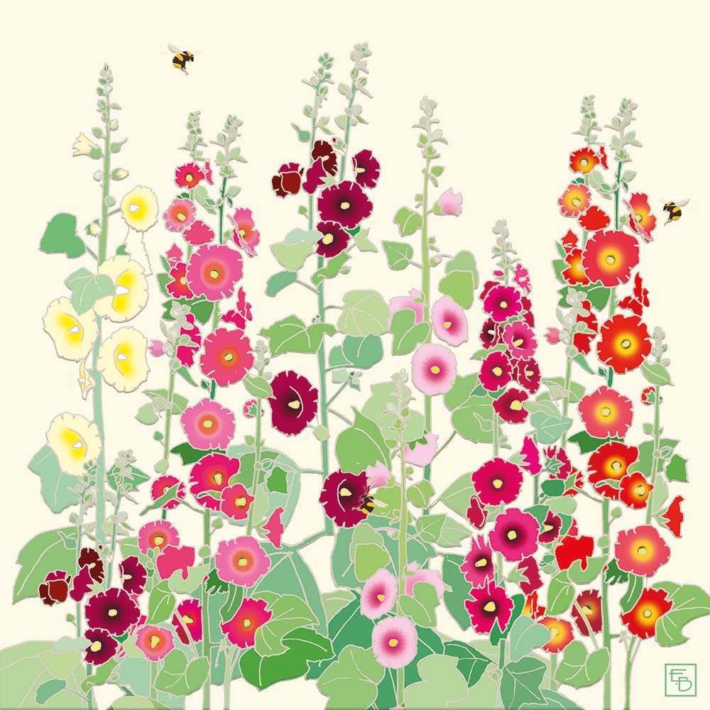 Greetings Card: Hollyhocks