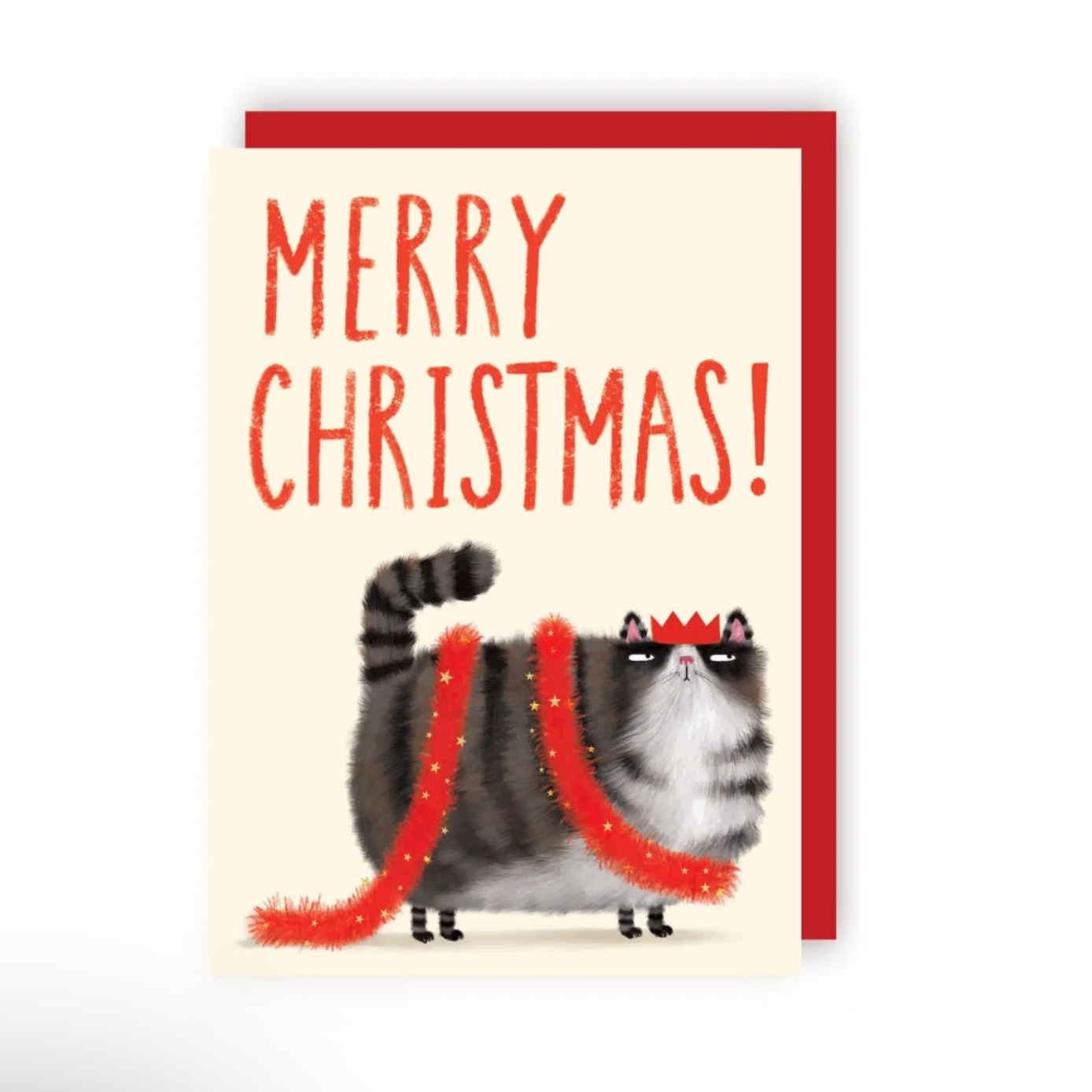 Greetings card reading “Merry Christmas!” In red capital letters above an illustrated grumpy-looking cat wearing a red party crown and wearing red tinsel around it’s body like a scarf.