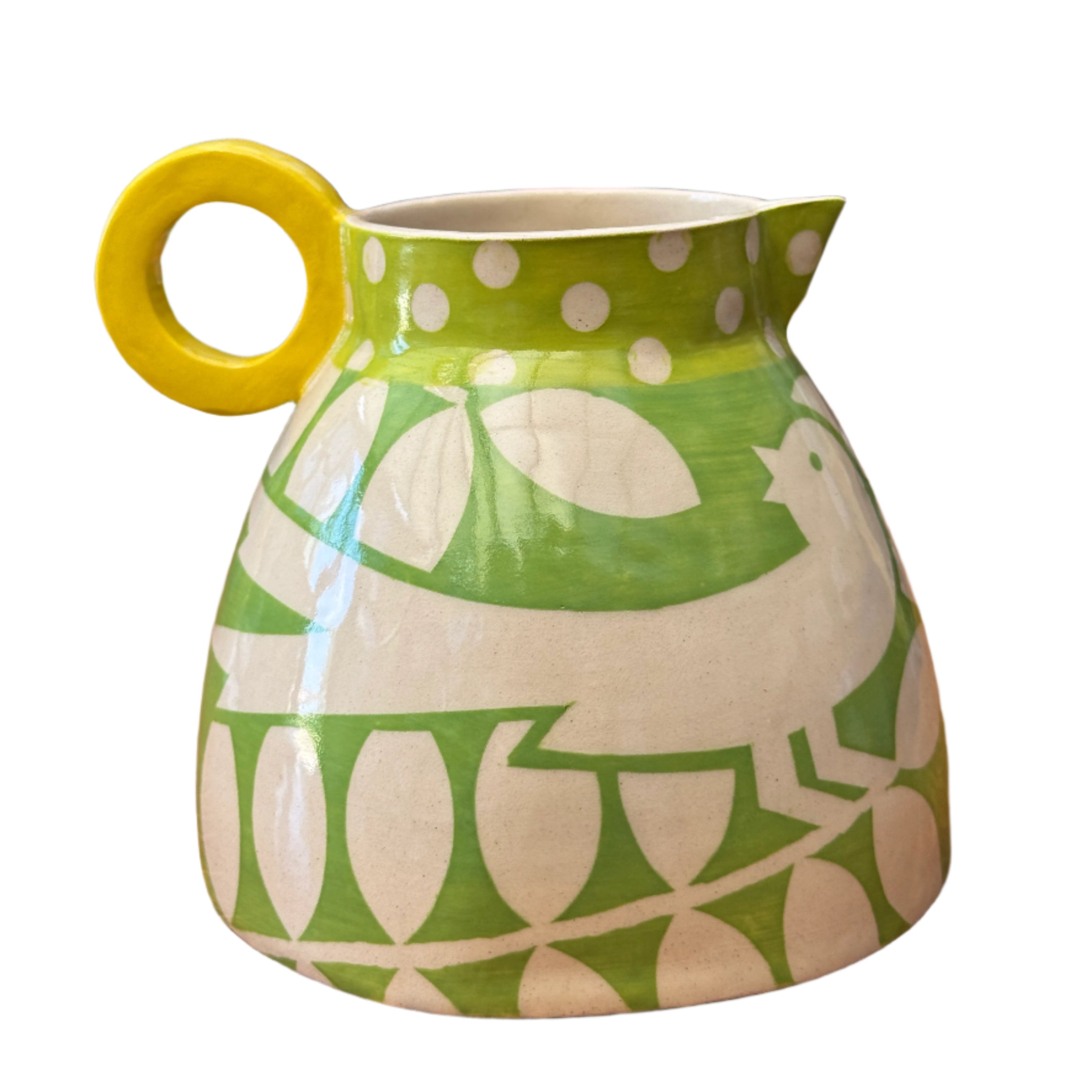 Handmade Green Bird Fat Jug By Ken Eardley