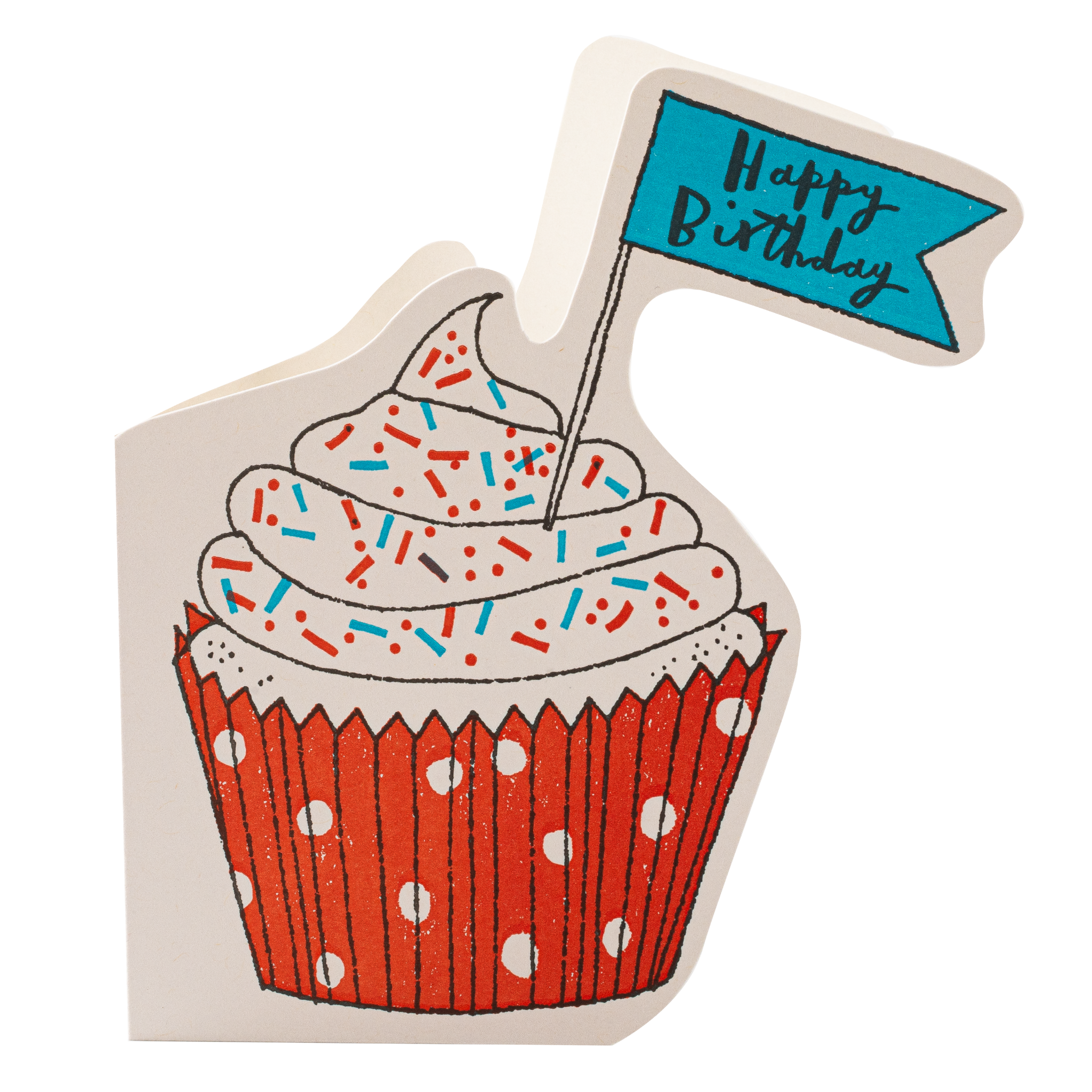 A die-cut birthday card featuring an illustrated cupcake with red polka-dot wrapper, white frosting, and colorful sprinkles, with a small blue flag reading 'Happy Birthday' on a white background.