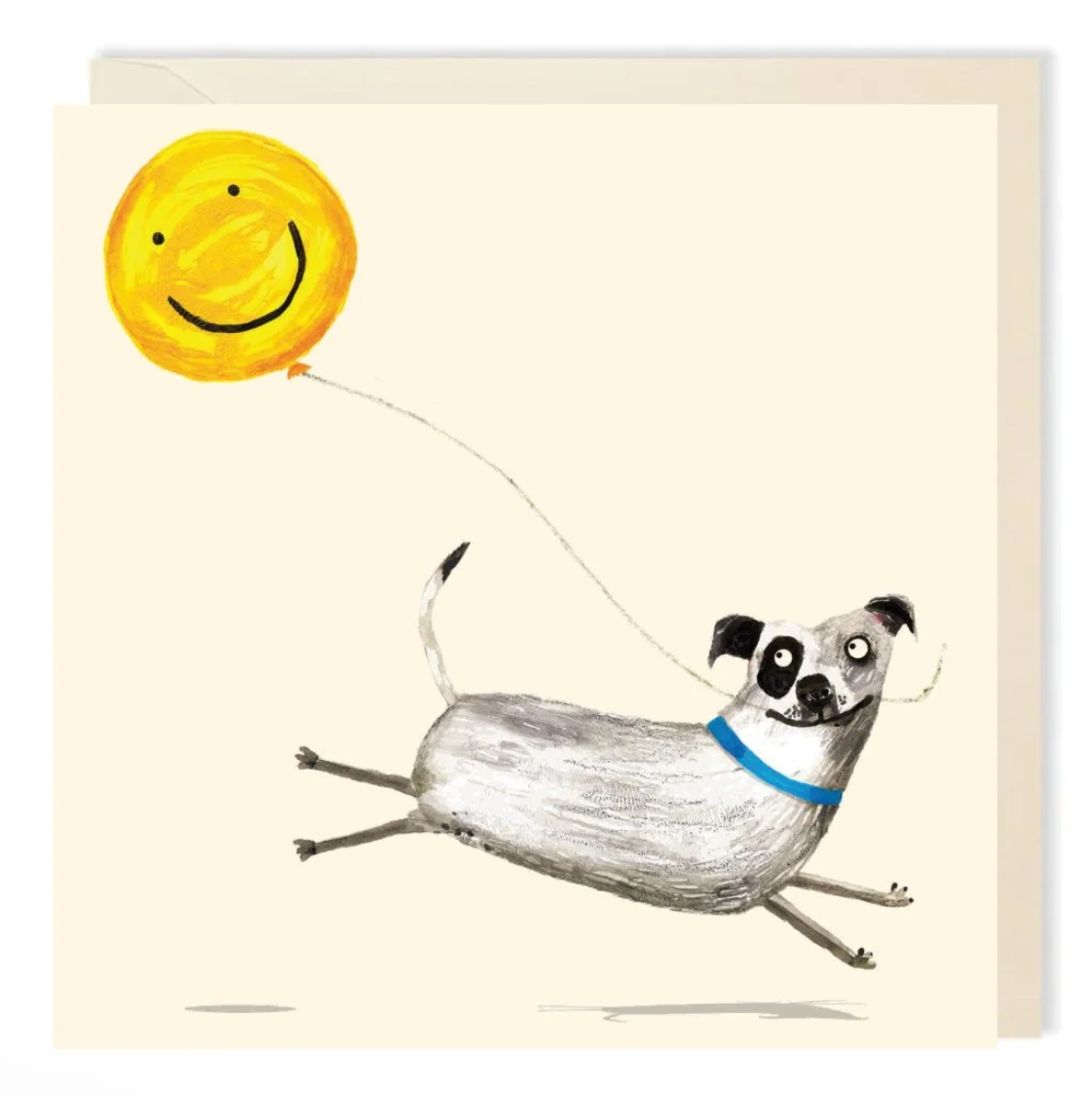 Illustrated card featuring a dog wearing a blue collar, carrying a yellow balloon from it’s mouth. The balloon has a smiley face on it.