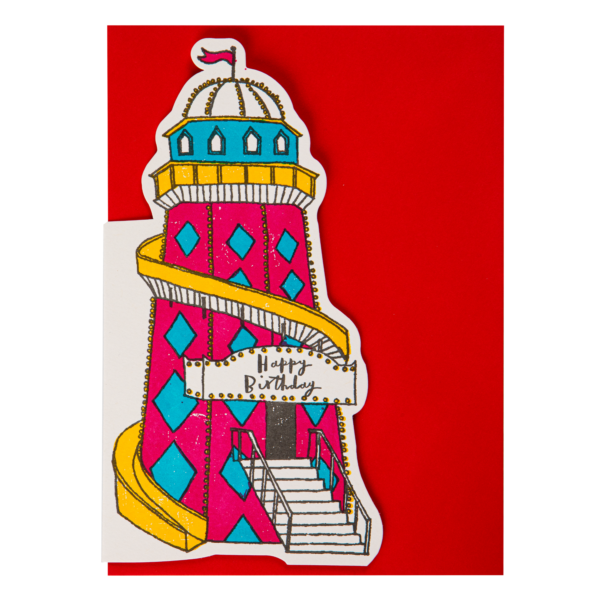 A die-cut card featuring a whimsical helter skelter illustration with red, turquoise, yellow, white, and black details, shown against a solid red background.