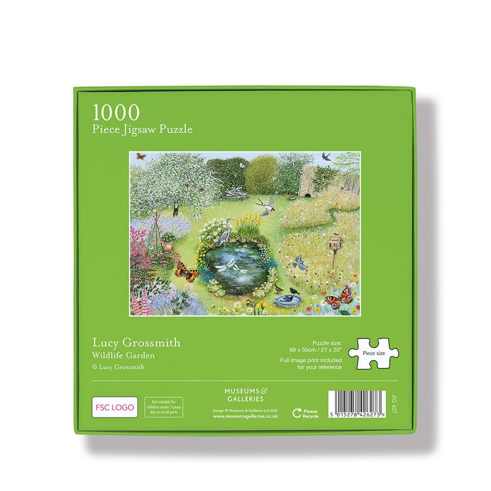 Jigsaw puzzle box with a garden scene on a green background