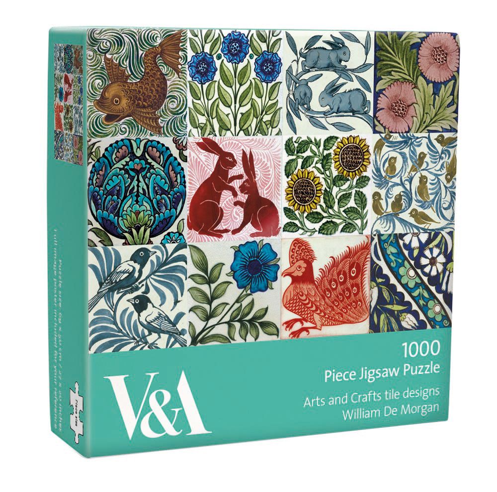 V&A 1000 piece jigsaw puzzle box with colorful designs on a white background